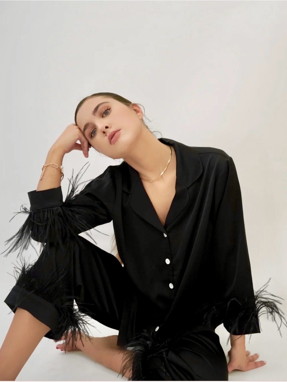 Elan Studio Deep Black Silk And Feather Trim Pajama Set  (NWOT)